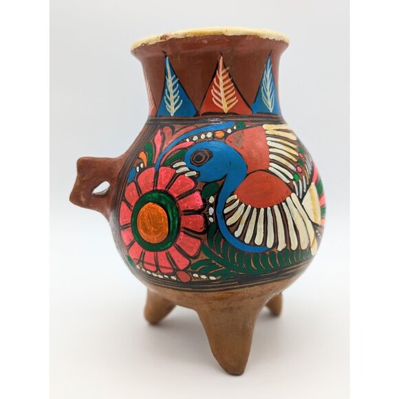 1970's Mexican Tonala Art Ceramic Vase w/ Folklore Hand painted Floral and Bird - Picture 2 of 7
